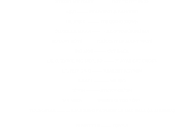STREET MILITARY ----------- GOT TO GET PAID                                                      E.S.G ------- SWANGING & BANGING                                                      LIL KEKE --------- IT'S GOING DOWN                                                      GUERILLA MAAB --------- KEEP WATCHING ME                                                      BOTANY BOYS -------- THOUGHT OF MANY WAYS                                                      BIG MOE -------- GET BACK                                                      LIL O, HAWK, BIG MOE, 3-2 ------- PLAYAS GET CHOSE                                                      LIL FLIP, E.S.G ------- REALEST RHYMIN                                                      8-BALL ---------- MR BIG                                                      DEVIN --------- STICKY GREEN                                                      MR MIKE --------- WHERE IS YOU LOVE                                                      YOUNGSTAR --------- KNOCKING PICTURES OF THE WALL (DJ.D REMIX)                                                      FREESTYLE ------- TONY-B