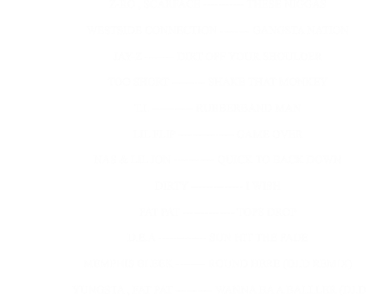 Z-RO , SCARFACE ----------- THESE NIGGAS                                                      WESTSIDE CONNECTION -------- GANGSTA NATION                                                      JAY-Z -------- DIRT OFF YOUR SHOULDER                                                      TOO SHORT --------- SHAKE THAT MONKEY                                                      T.I. ----------- RUBBERBAND MAN                                                      LIL FLIP --------------- GAME OVER                                                      NAS & LIL JON ----------- QUICK TO BACK DOWN                                                      DIRTY -------------- I WISH                                                      FAT PAT -------------- TOPS DROP                                                      D.E.A ------------- SUN HIT THE FADE                                                      MEMPHIS BLEEK -------- ROUND HERE (DJ.D REMIX)                                                      YUNGSTA , FAT PAT ---------- WANNA BA A BALLLER (DJ.D