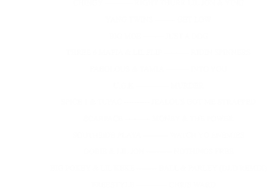 CHINGY ----------- RIGHT THURR LIL JON & YING                                                      YANG TWINS -------- GET LOW                                                      BIG MOE -------- JUST A DOG                                                      THREE 6 MAFIA & LIL FLIP ---------- RIDIN SPINNERS                                                      FABOLOUS & TAMIA --------- INTO YOU                                                      U.G.K ------------- MURDER                                                      SPICE 1 & TUPAC ---------- JEALOUS GOT ME STRAPPED                                                      SCARFACE ---------- MONEY & THE POWER                                                      SOUTHSIDE PLAYA ---------- WATCH YO ENEMIES                                                      OOBIE & LIL JON ---------- NOTHINGS FREE                                                      BIG POKEY & LIL KEKE -------- BALL & PARLEY (DJ.D REMIX)                                                                   FREESTYLE ------------ CHRIS WARD