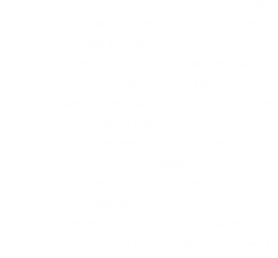 50 CENT, EMENIM, BUSTA ---------- HAIL MARY 2003                                                      BUSTA , MARIAH CAREY ----------- GIVE IT TO ME LIL                                                      KIM & 50 CENT -------------MAGIC STICK                                                      SNOOP DOGG ----------- BITCHES ANIN'T SHIT                                                      50 CENT --------------- P.I.M.P                                                      DAVID BANNER & LIL FLIP ----------------- LIKE A PIMP                                                      LIL MOE & FABOLOUS ----------- 4 EVER                                                      GINUWINE -------------- HELL YEA                                                      THE HOT BOYS ---------- NEIGHBORHOOD SUPASTAR                                                      ICE CUBE ------------- YOU KNOW HOW WE DO IT                                                      WARREN G ------------ G'D UP SOUND                                                      50 CENT ------------- IN THE CLUB ( DJD REMIX )                                                        FLOW -------- DJD, E. Golden, Neesha G., Young Money, 8-7