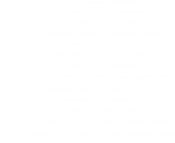 JAY -Z ------------ EXCUSE ME                                                      50 CENT ---------------- 21 QUESTIONS                                                      SNOOP DOGG ------------ BEAUTIFUL                                                      FABOLOUS & LIL MOE ------- CAN'T LET YOU GO                                                      TUPAC & TRICK DADDY --------- STILL BALLIN                                                      WAYNE WONDER --------------- NO LETTING GO                                                      MISSEY ----------- PUSSEY CAT                                                      LIL JOHN, TRICK DADDY, FAT JOE --------- PLAY NO GAMES                                                      HAWK & Z-RO ----------- REPRESENTING THE SOUTH                                                      EMINEM ------------- SUPERMAN                                                      TELA ------------ INCREDIBLE                                                      LIL KEKE ---------------- BALLER IN THE MIX (DJ.D REMIX)                                                      FREESTYLE ---------- DJ.D , PETTY ROSE, WAYNE BELL, POOH