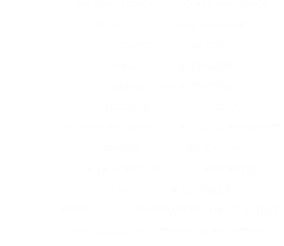 JAY-Z & SCARFACE --------- GUESS WHO'S BACK                                                      ASHANTI ------------- BABY, BABY, BABY                                                      CAMRON ---------- OH BOY                                                      NELLY ------------ HOT IN HERE                                                      EMINEM ---------- WITHOUT ME                                                      MYSTIKAL ----------- TARANTULA                                                      NAUGHTY BY NATURE & 3 LW ------------- FEELS GOOD                                                      BRANDY --------------- FULL MOON                                                      ALI & MUPHY LEE ------------- BOUGHETTO                                                      NAS ---------- ONE MIC (REMIX)                                                      USHER ----------- U DON'T HAVE TO CALL (DJ.D REMIX)                                                           FLOW ------------- DJ.D , TONY-B, BOOBY, RODNEY